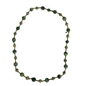 Bead Necklace 26 in No Clasp Green Natural Malachite W Amber Colored Spacer Vtg